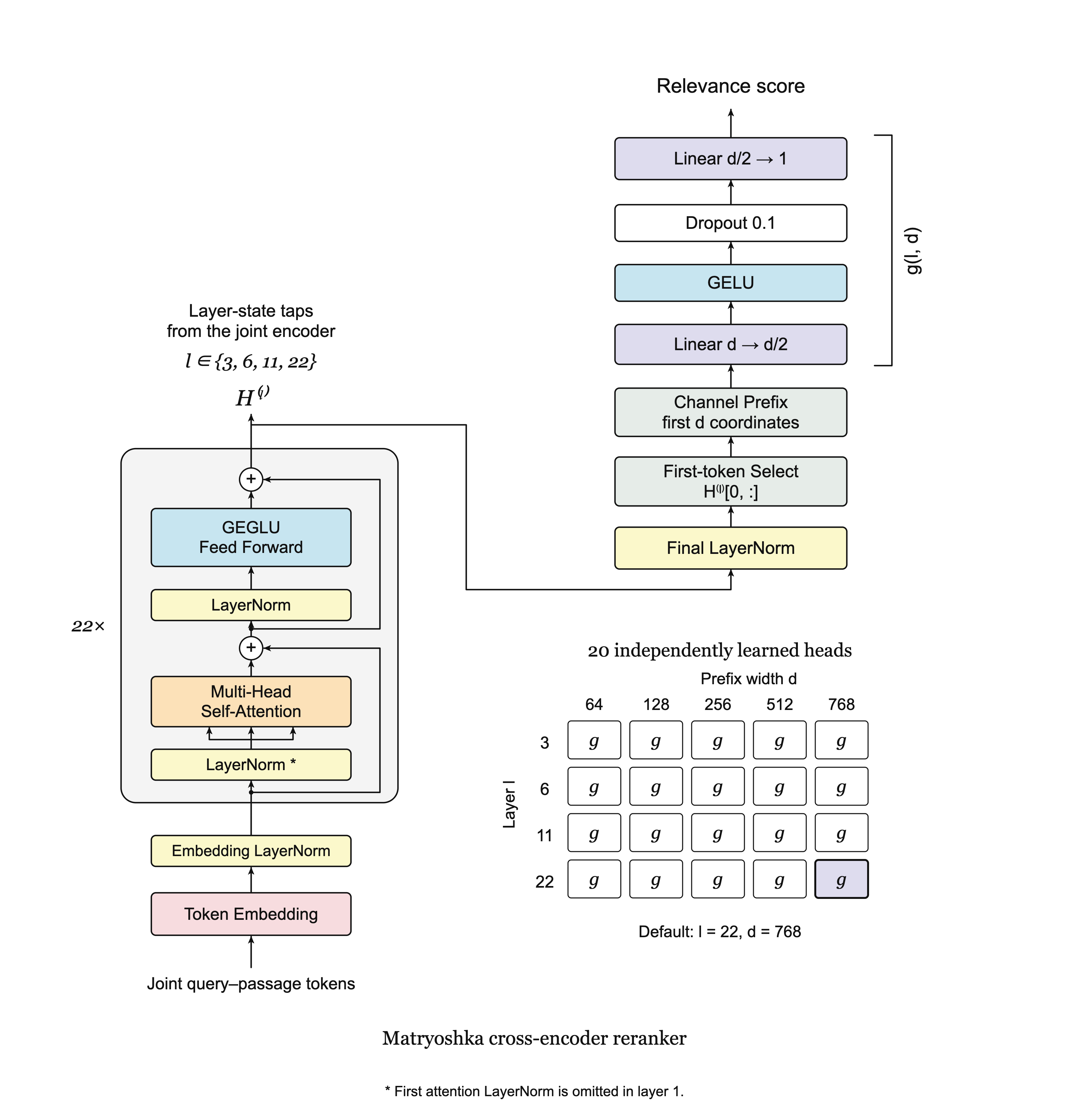 Cross-encoder reranking with twenty layer- and width-specific scoring heads.